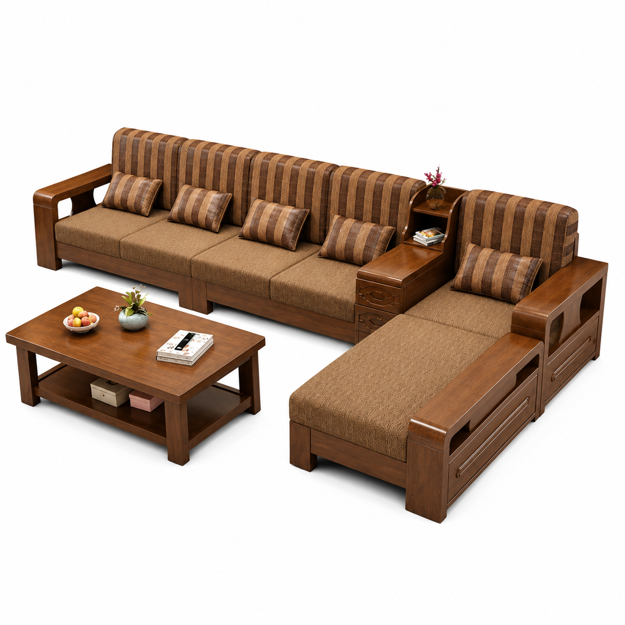 Luxury Wooden L Shape Sofa Set with Center Table