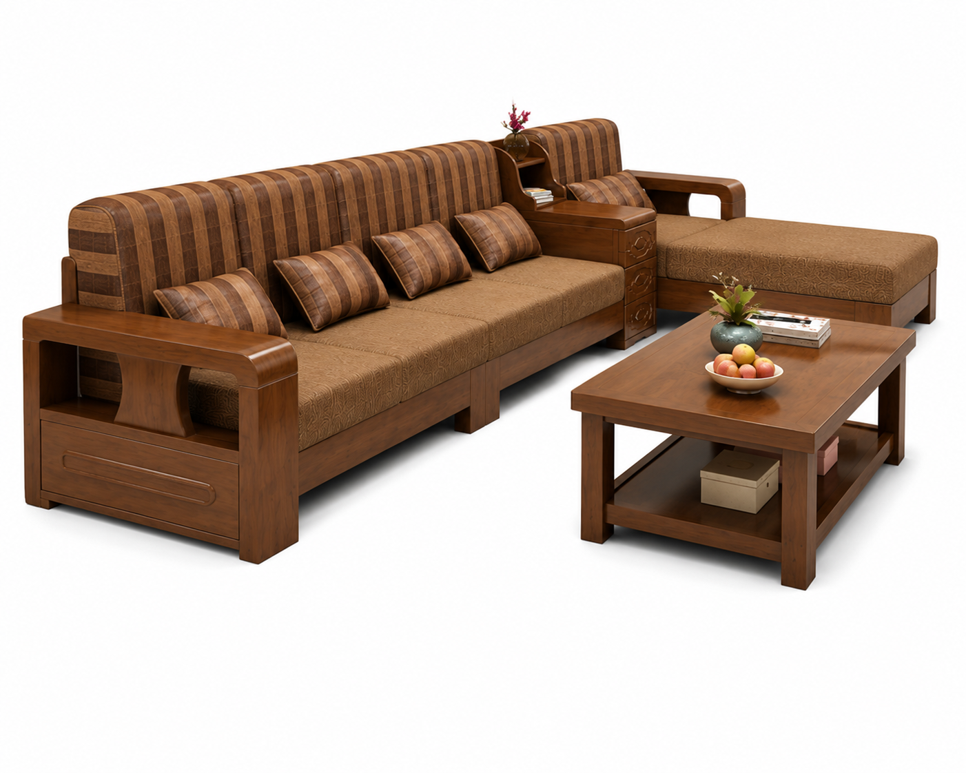 Luxury Wooden L Shape Sofa Set with Center Table